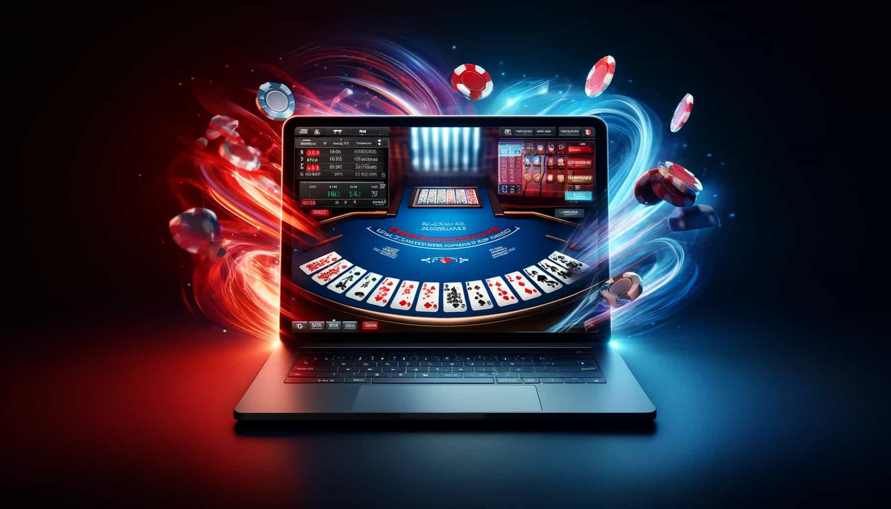 computer with blackjack setup and chips