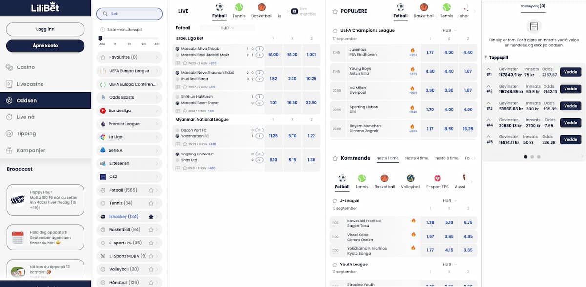 lilibet betting side med utvalg av populære idretter og live sport