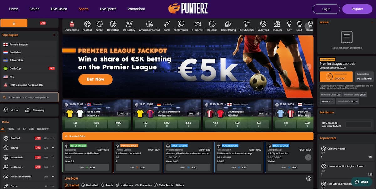 punterz sports side for betting med fotball, tennis, basket og mer