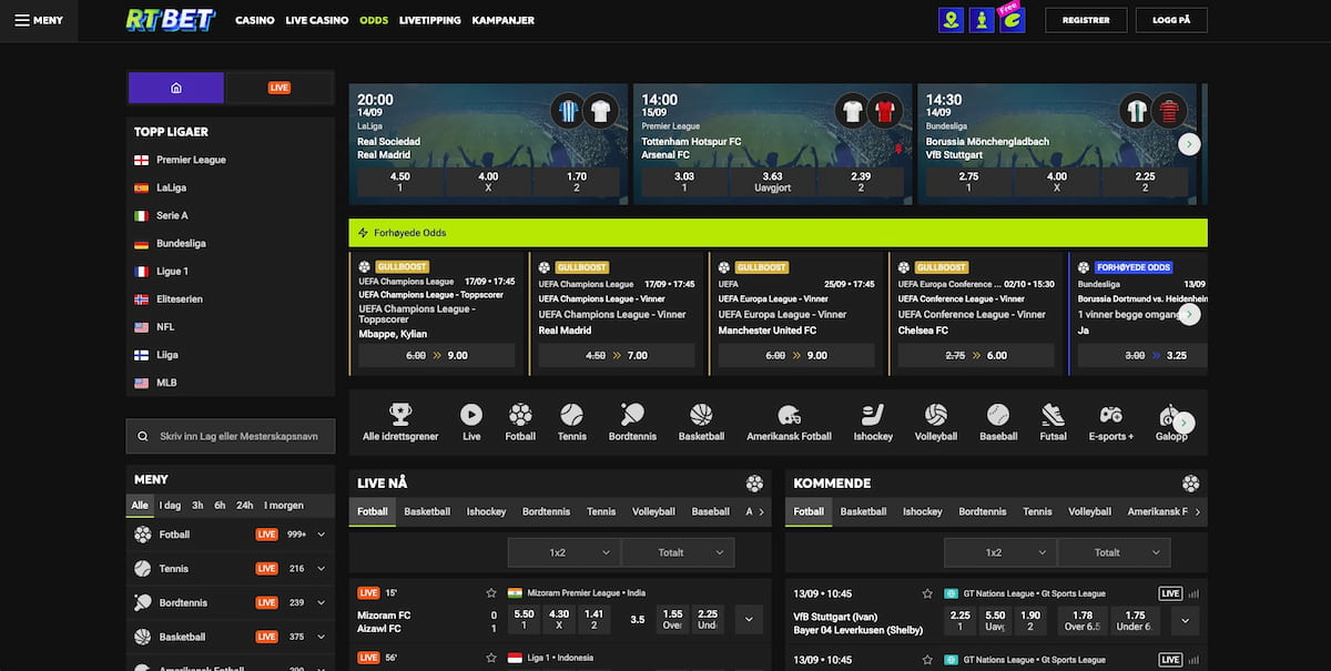 rtbet oddsside med topp ligaer og ulike fotballkamper