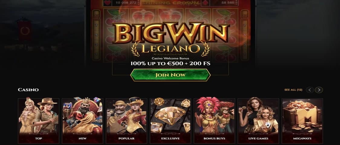 Hjemmesiden til Legiano casino som viser bonuskampanje