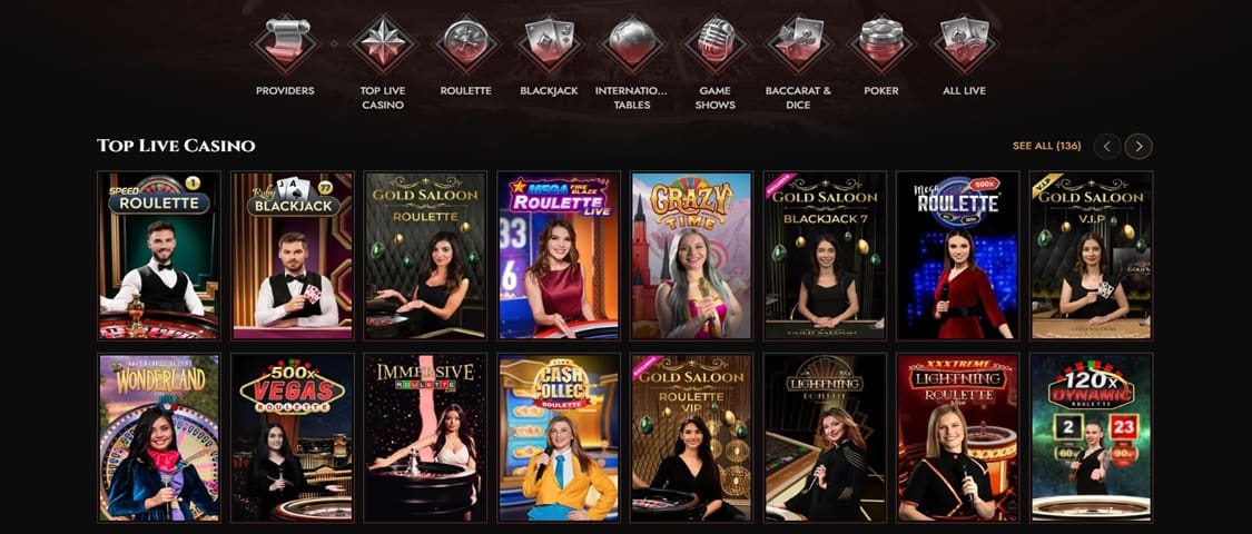 Oversikt over spill som er tilgjengelig på Legiano live casino