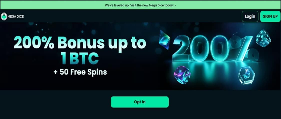 Oversikt over mega dice 200 % bonus kampanje