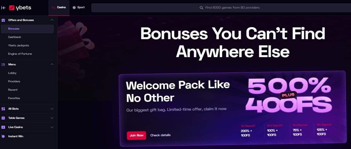oversikt opver ybets casino bonus på 500