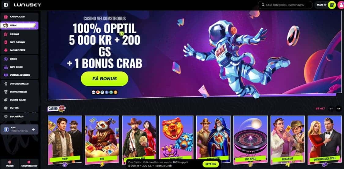 lunubet casino forside som viser bonuser og spill