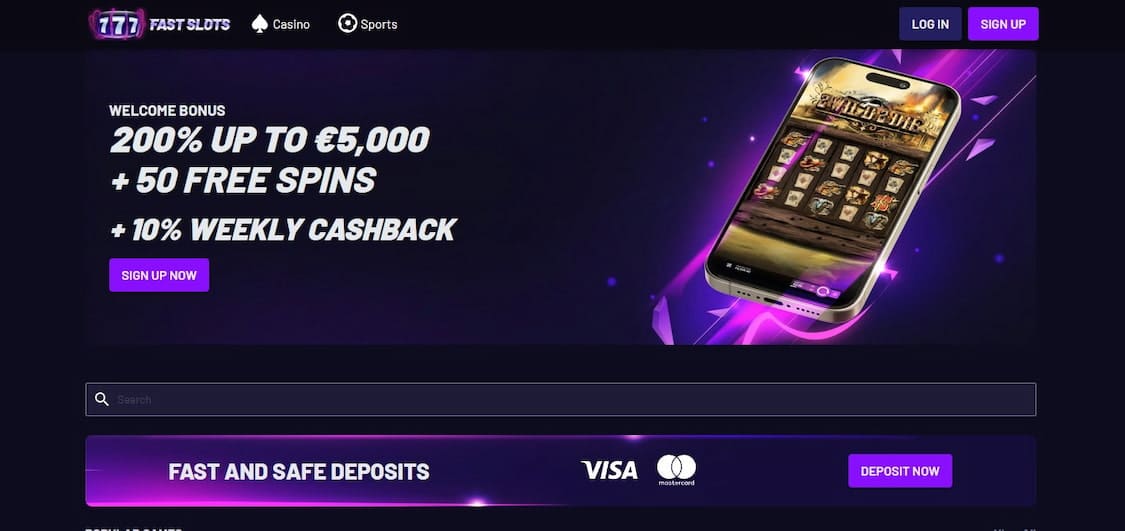 fastslots casino forside som viser bonus til nye spillere og spilleautomater