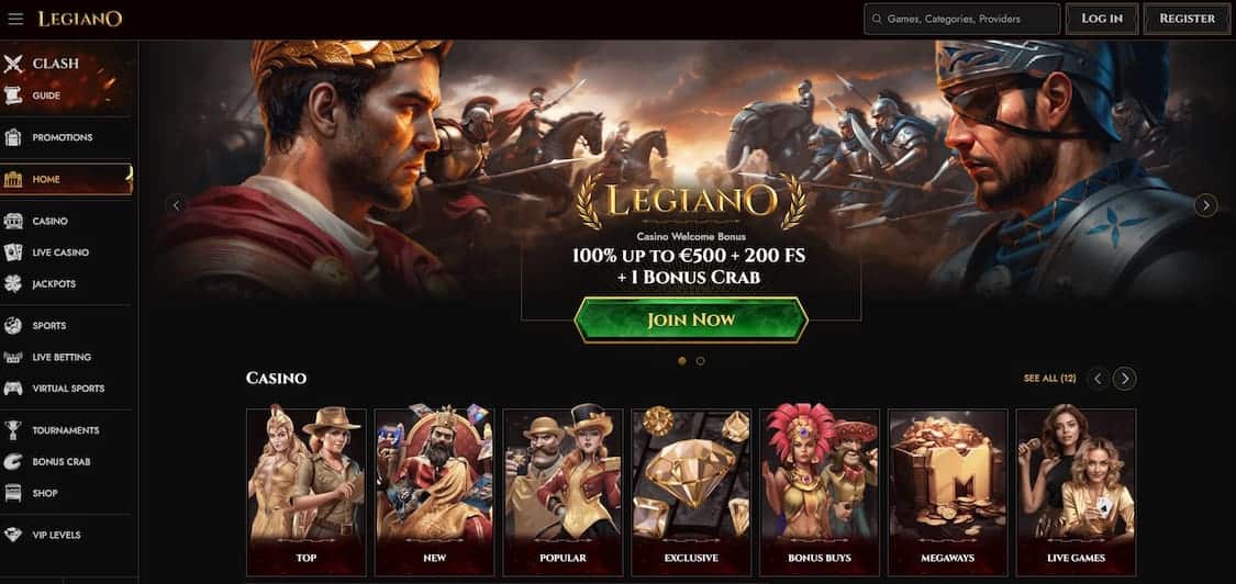 legiano casino forside med bonustilbud og spillutvalg