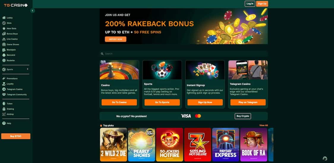 tg casino forside med spillutvalg og 200 % bonus